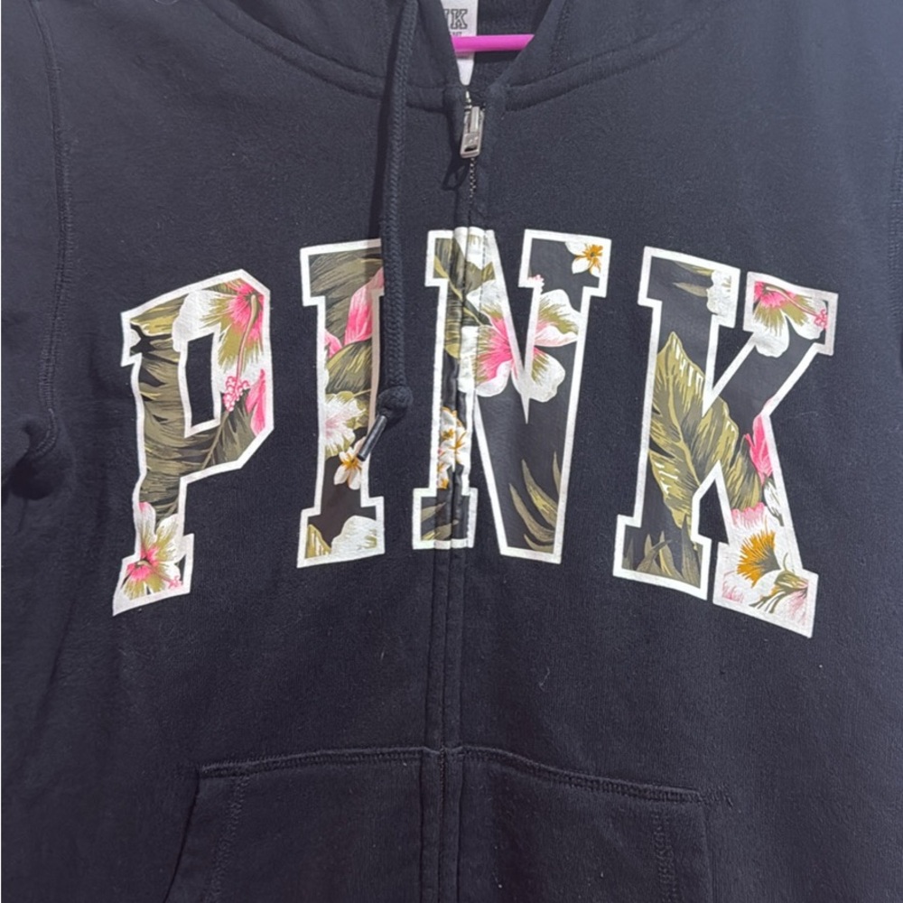 PINK Victoria's Secret Black Hoodie with Floral Logo - Picture 2 of 3